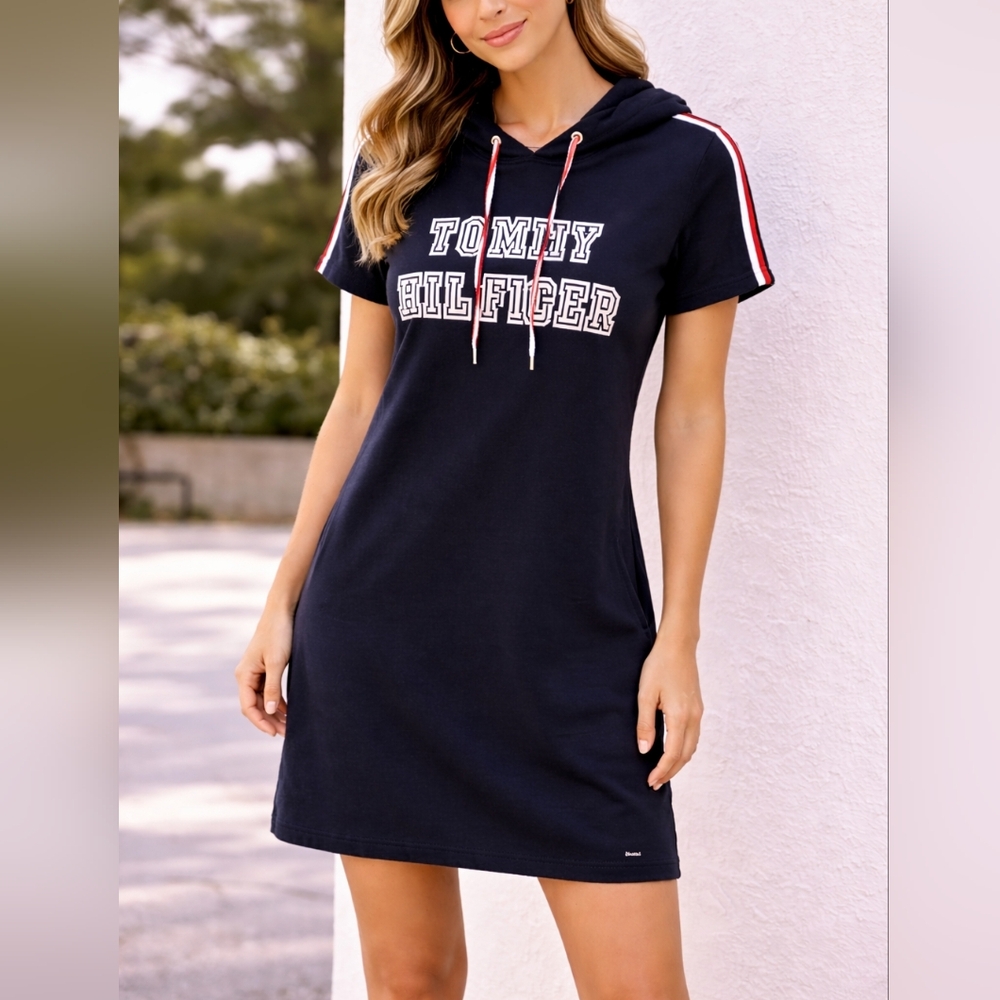 Tommy Hilfiger Navy Hooded Sweatshirt Mini Dress Logo Size L
